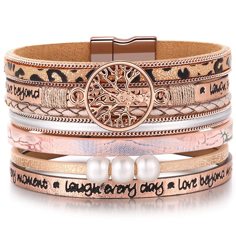 Desimtion Gifts for Teenage Girls, Inspirational Leopard print rose gold leather Wrap Boho Bracelets for Women,Easter Christmas Birthday Jewelry Gifts for Teen Girls - Image 1